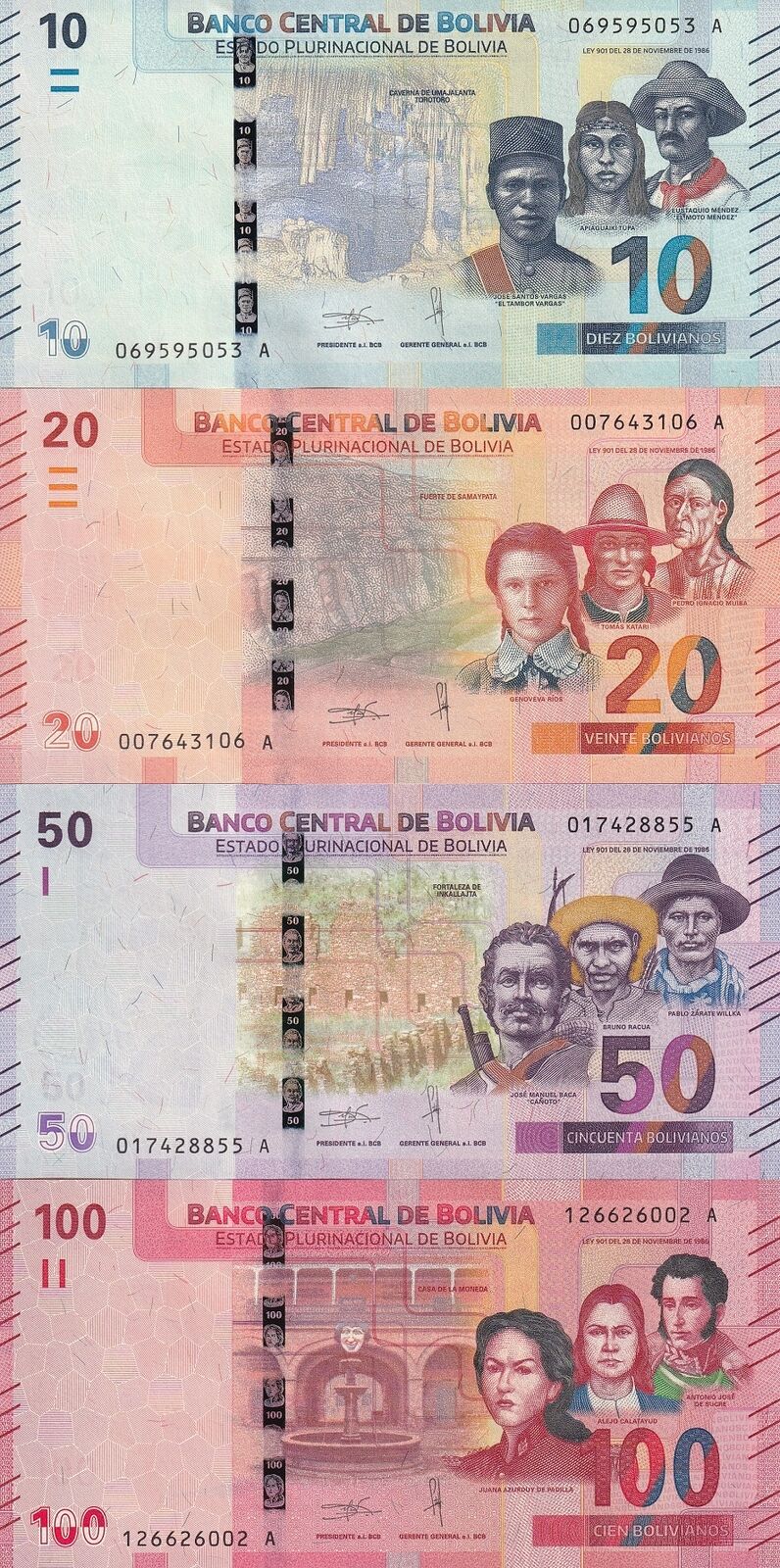 Bolivia SET 4 UNC 10 20 50 100 Bolivianos 2018 P 248 249 250 P 251