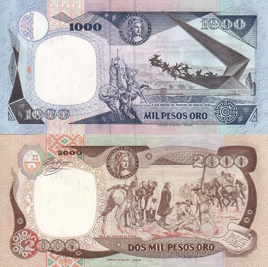 Colombia SET 2 PCS 1000 2000 Pesos 1990 P 432 P 433 UNC