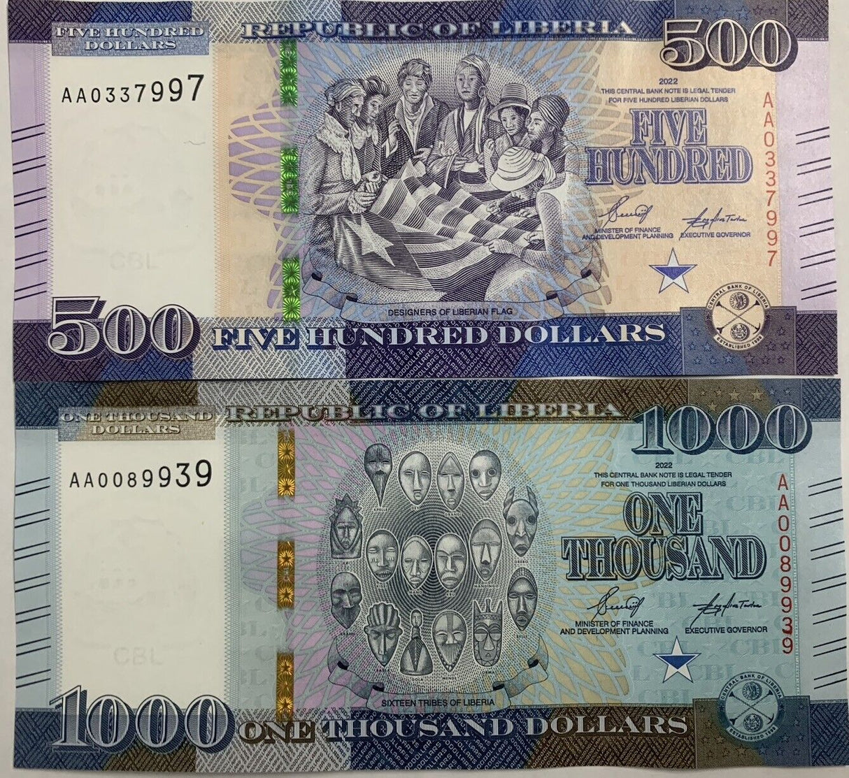 Liberia SET 2 UNC 500 1000 Dollars 2022 P NEW Design Parliament Hippo