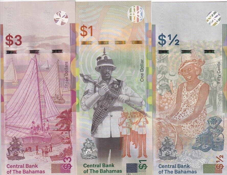Bahamas Set 3 Pcs 1/2 1 3 Dollar 2019 P 76A P 77 P 78 UNC