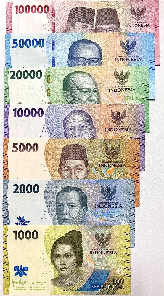 Indonesia Set 7 Pcs 1K 2K 5000 10000 50000 100000 Rupiah P 162-168 2022 2023 UNC