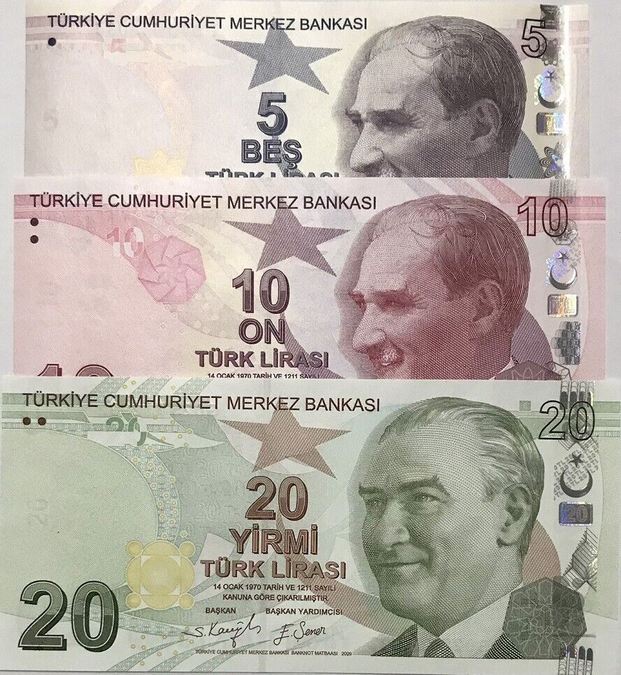 Turkey Set 3 Pcs 5 10 20 Lira 2009/2020-2022 P 222 223 224 New Sign UNC