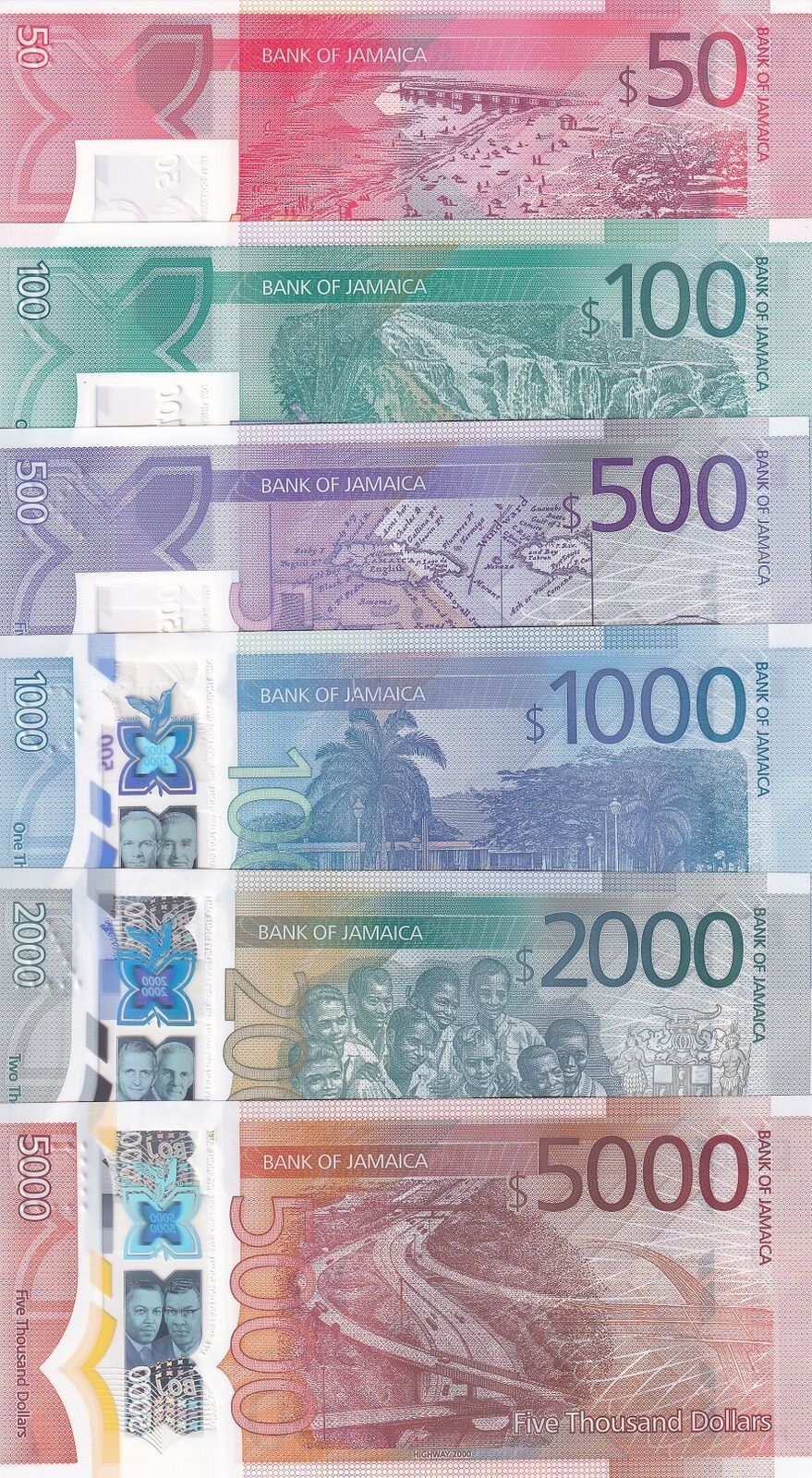 Jamaica SET 6 UNC 50 100 -2000 5000 Dollars 2022 / 2023 P 96 97 98 99 100 101