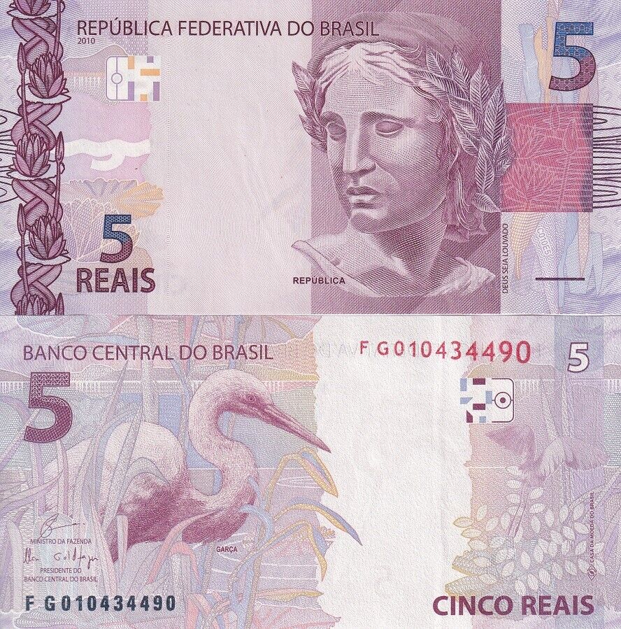 Brazil 5 Reais 2010/2019 BIRD P 253 e Sign Eduardo Guardia & Ilan Goldfajn AUnc