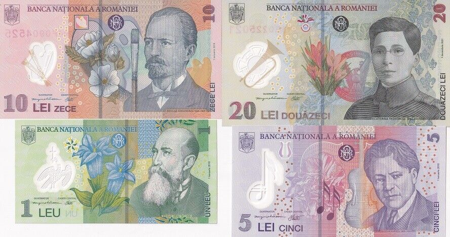 Romania Set 4 PCS 1 5 10 20 Lei 2018-2023 P 117 118 119 119Aa Polymer UNC