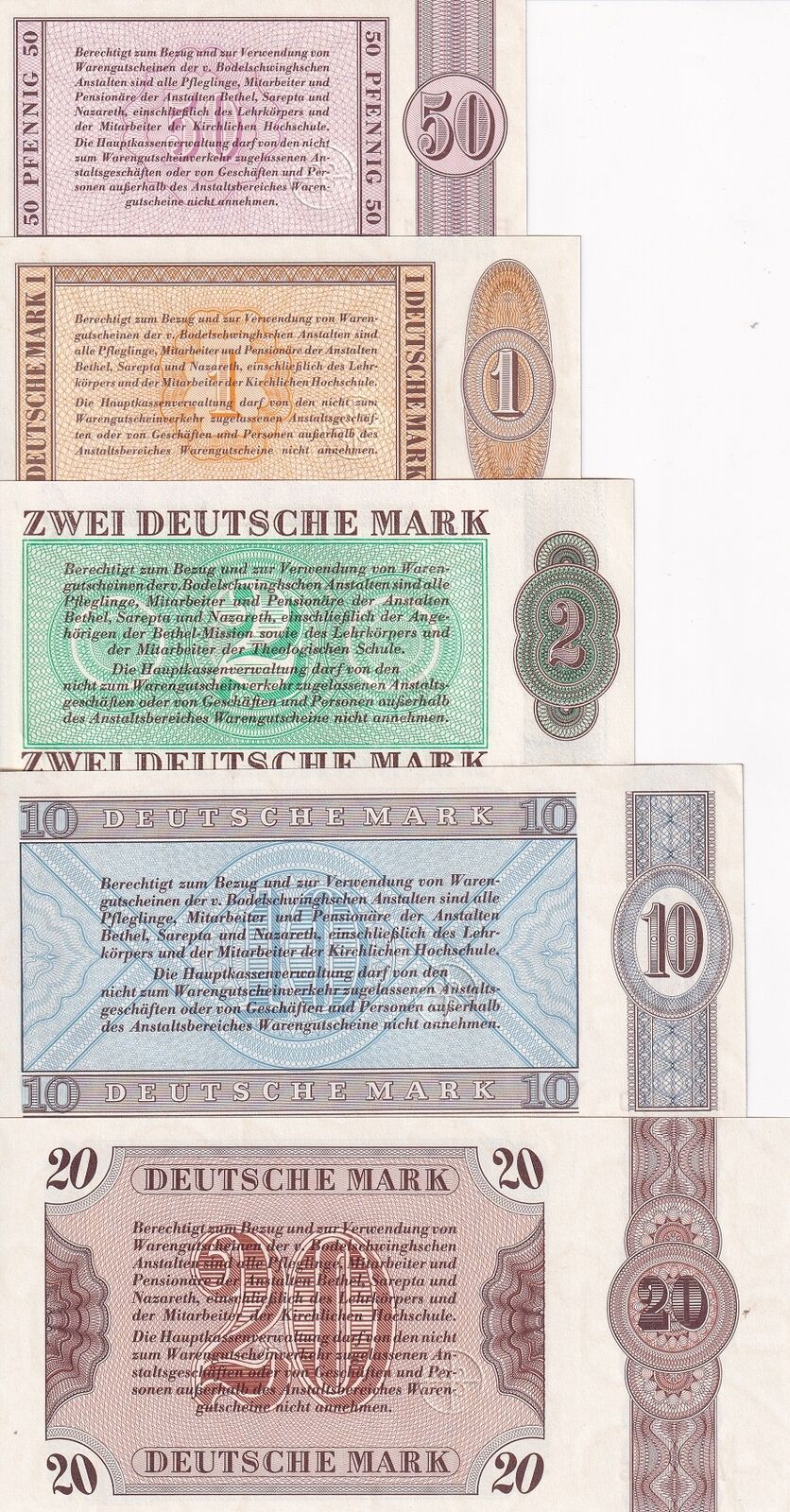 Germany SET 5 PCS Bethel Bodelschwinghsche 50 Pfennig 1 2 10 20 Mark UNC