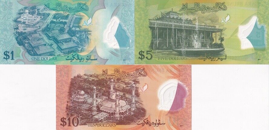 Brunei Set 3 Pcs 1 5 10 Ringgit 2011 P 35 P 36 P 37 Polymer UNC