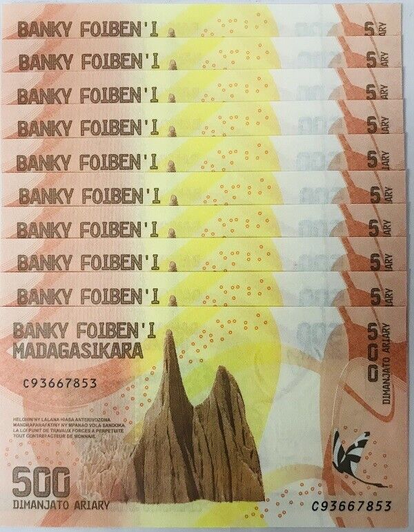 Madagascar 500 Ariary 2017 P 99 AUnc Lot 10 Pcs