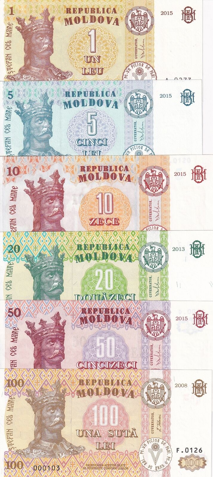 Moldova Set 6 Pcs 1 5 10 20 50 100 Lei 2008-2015 P 13 15 21 22 24 UNC