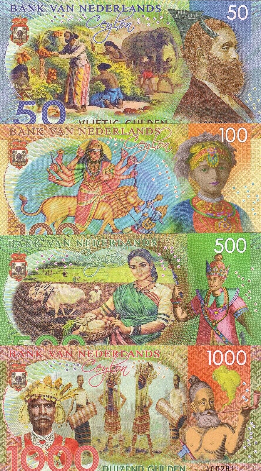 Netherlands Ceylon set 4 Polymer 50 100 500 1000 Gulden 2016 Private Fantasy
