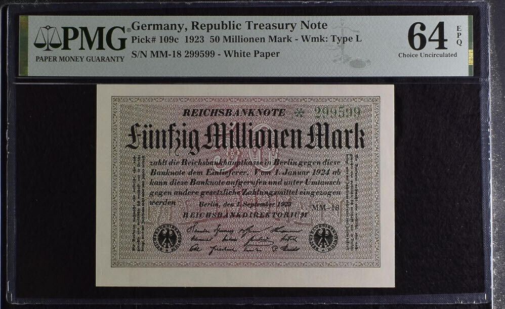 Germany 50 Millionen Mark Republic Treasury 1923 P 109 c Choice UNC PMG 64 EPQ