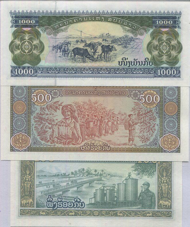 LAOS SET 3 PCS 100 500 1000 KIP Random Date P 30 31 32 UNC