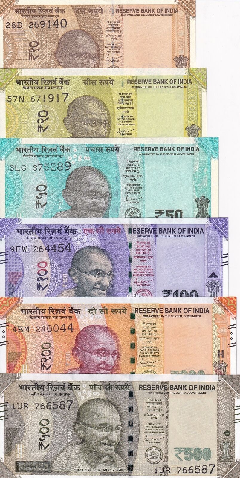 India Set 6 PCS 10 20 50 100 200 500 Random Year P 109 110 111 112 113 114 AUnc