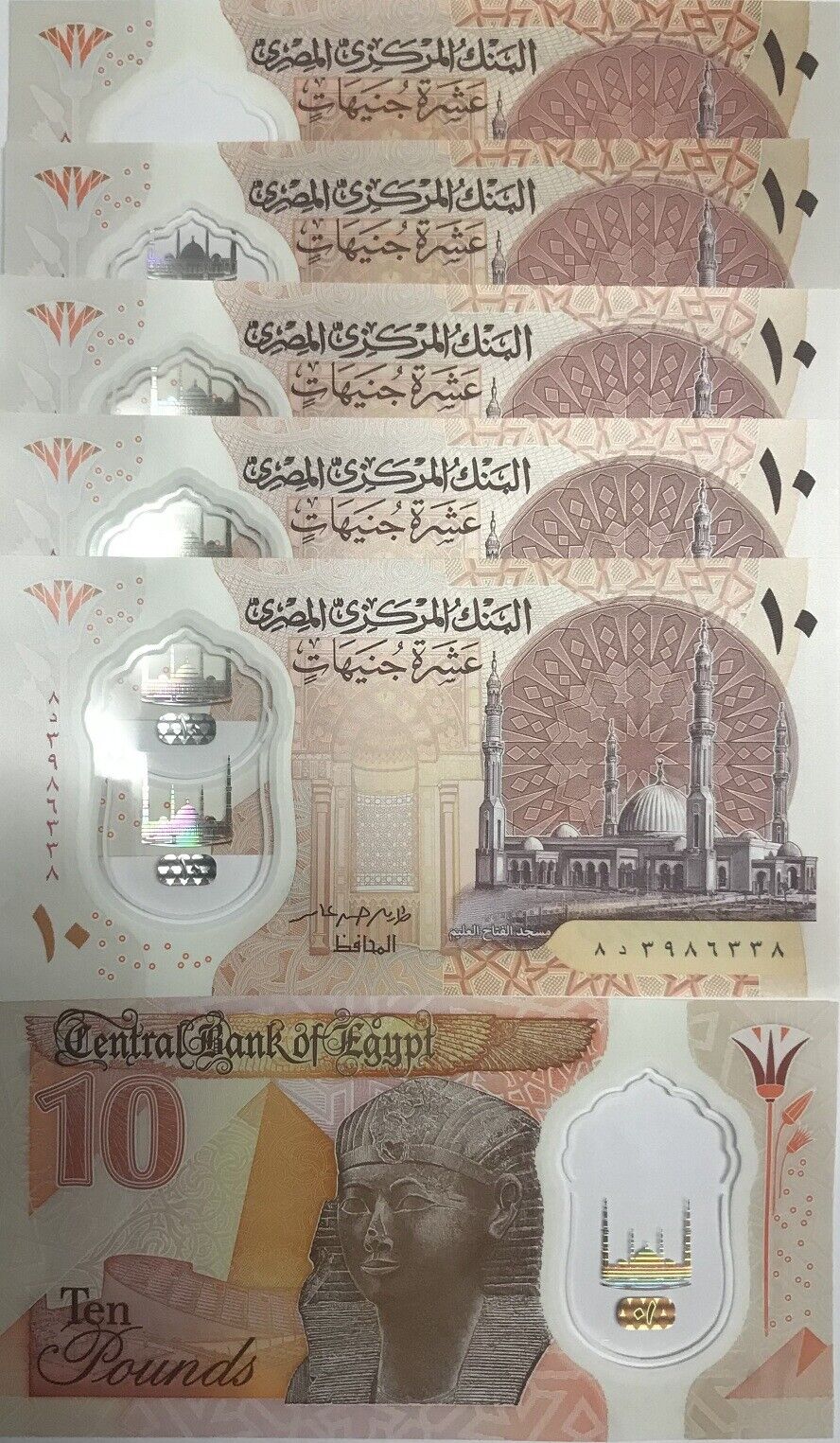 Egypt 10 Pounds 2022 POLYMER P 81 UNC LOT 5 PCS