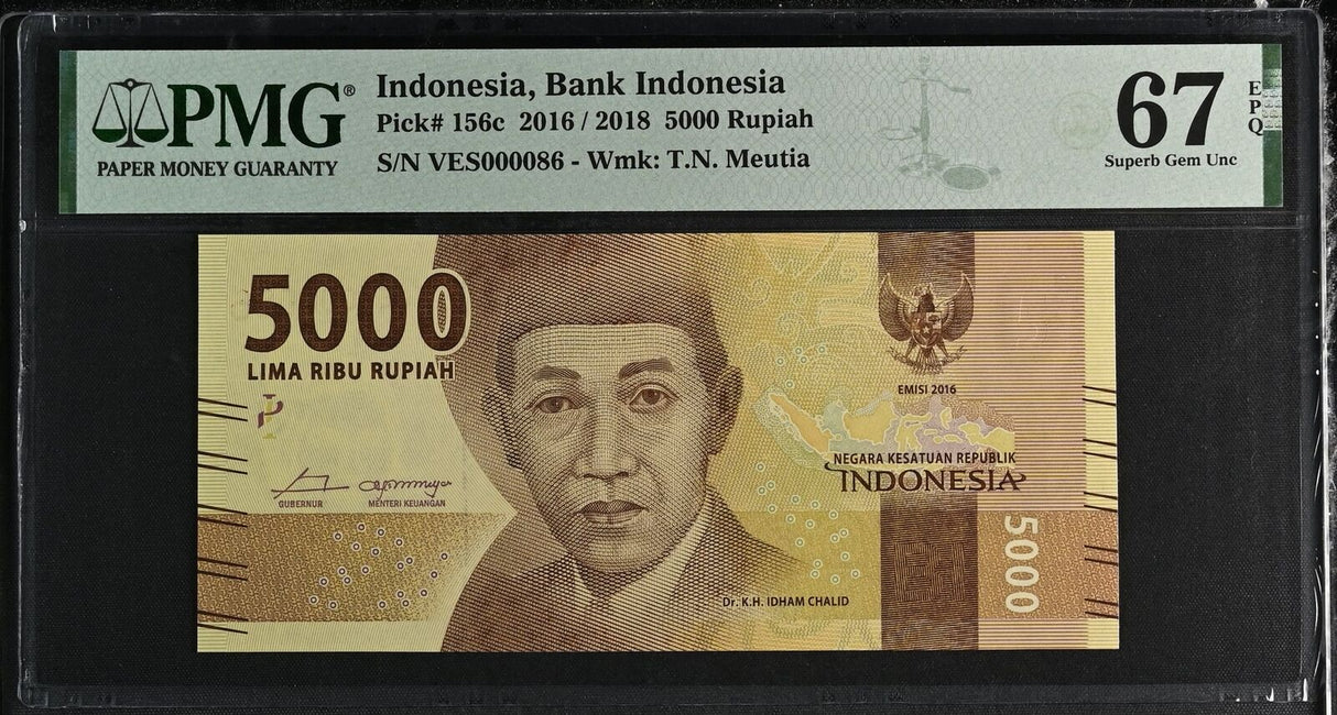 Indonesia 5000 Rupiah 2016/2018 P 156 c # 86 Superb Gem UNC PMG 67 EPQ