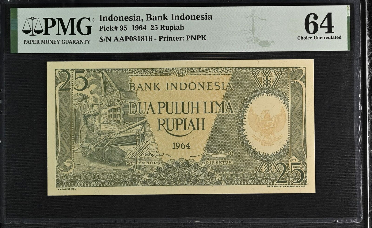 Indonesia 25 Rupiah 1964 P 95 Choice UNC PMG 64