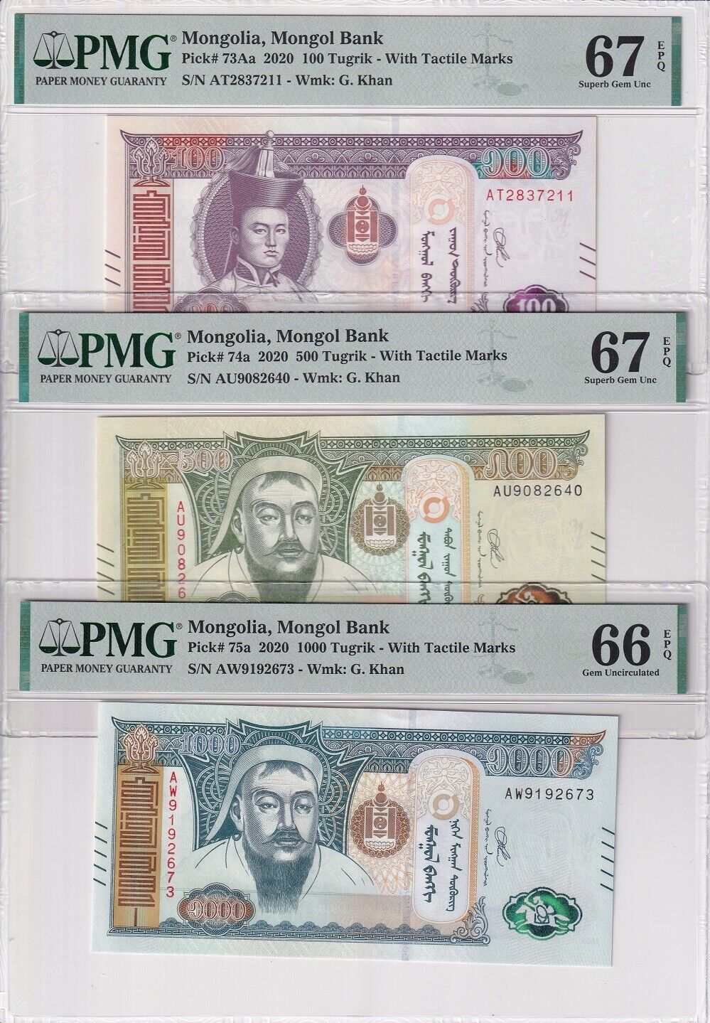 Mongolia Set 6; 10-50-500 1000 T.2020 P62 63 72-75 Superb Gem UNC PMG 65-68 EPQ