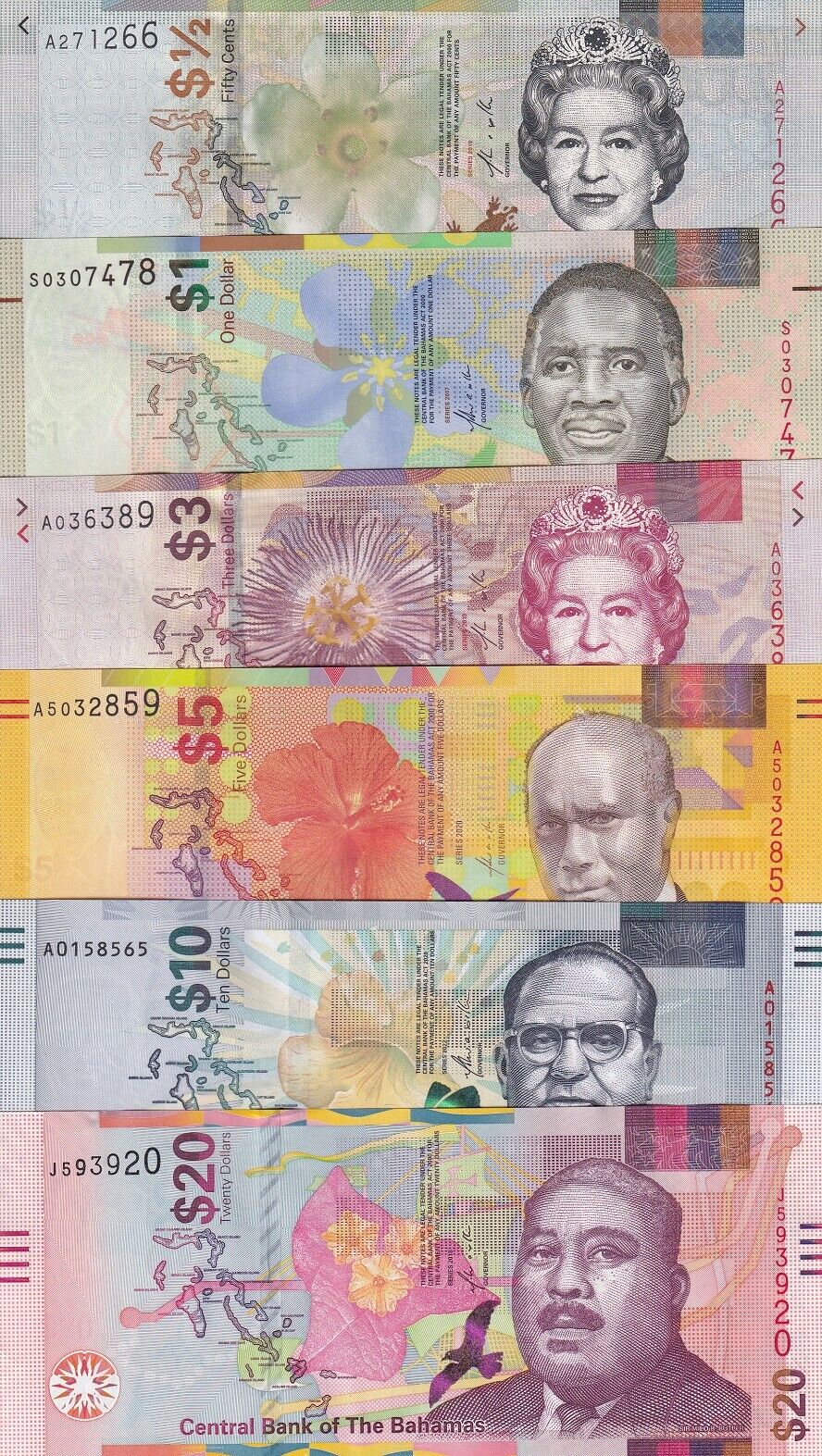 Bahamas Set 6 Pcs 1/2 1 3 5 10 20 Dollar 2016- 2022 P WA77 77 78 78A 80 87 UNC