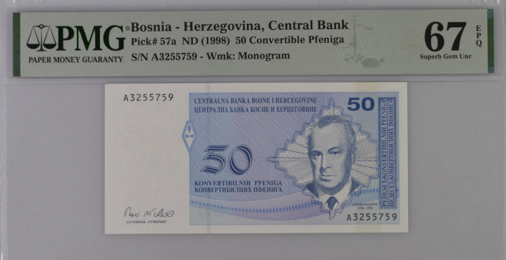 Bosnia 50 Convertible Pfeniga ND 1998 P 57 a Superb Gem UNC PMG 67 EPQ