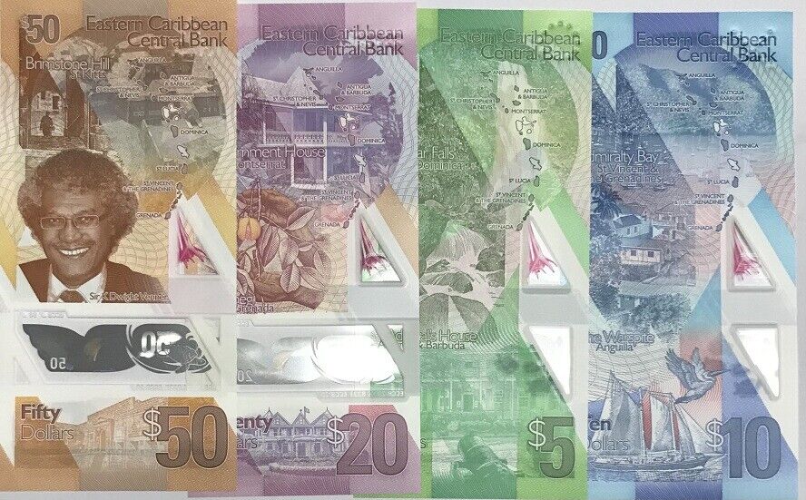 East Caribbean Set 4 Pcs 5 10 20 50 Dollars 2019-2021 P 56 57 58 59 Polymer UNC