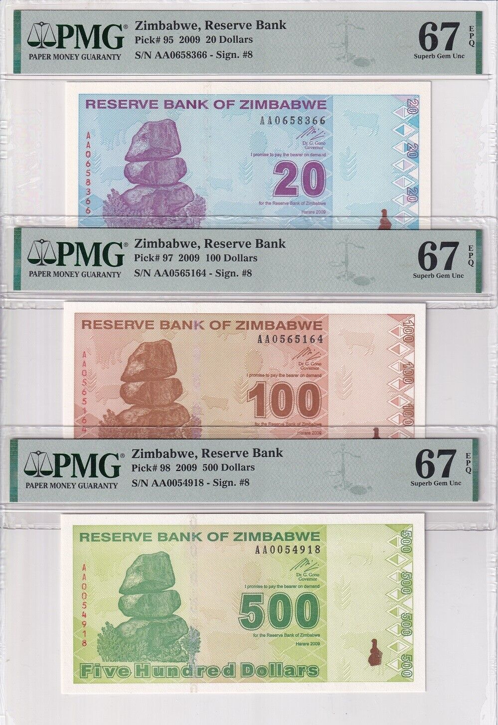 Zimbabwe Set 6; 1 5 10-100 500 D. 2009 P 92-P 95 97 98 Superb Gem UNC PMG 67 EPQ