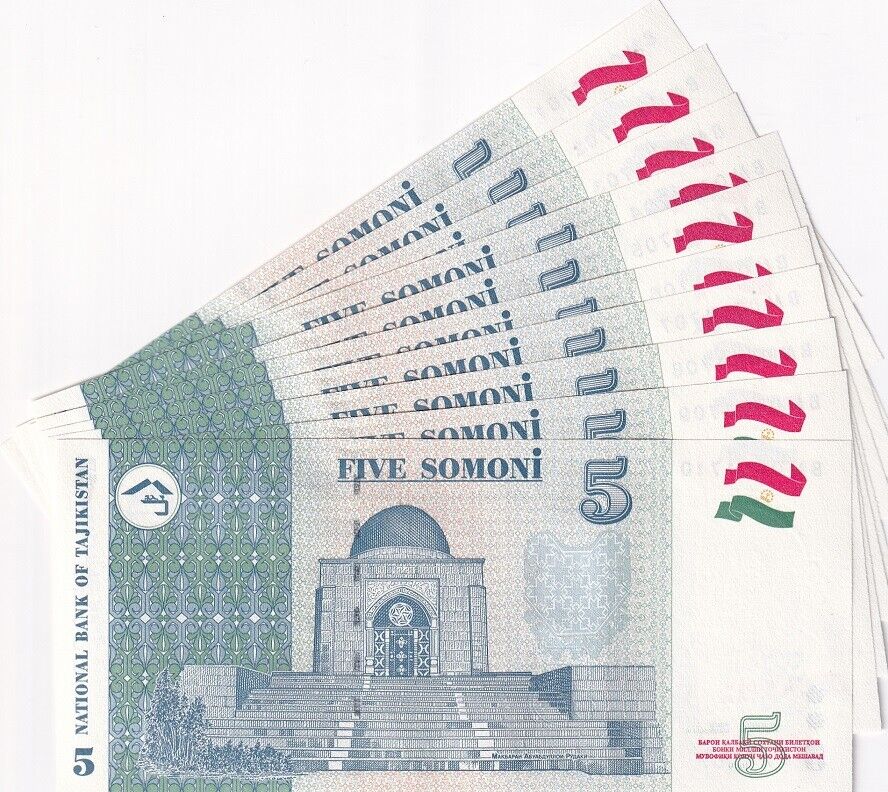 Tajikistan 5 Somoni 1999 ND 2000 P 15 c UNC LOT 10 PCS