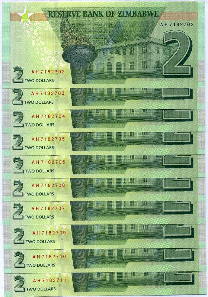 Zimbabwe 2 dollars 2019 P 101 UNC LOT 10 PCS