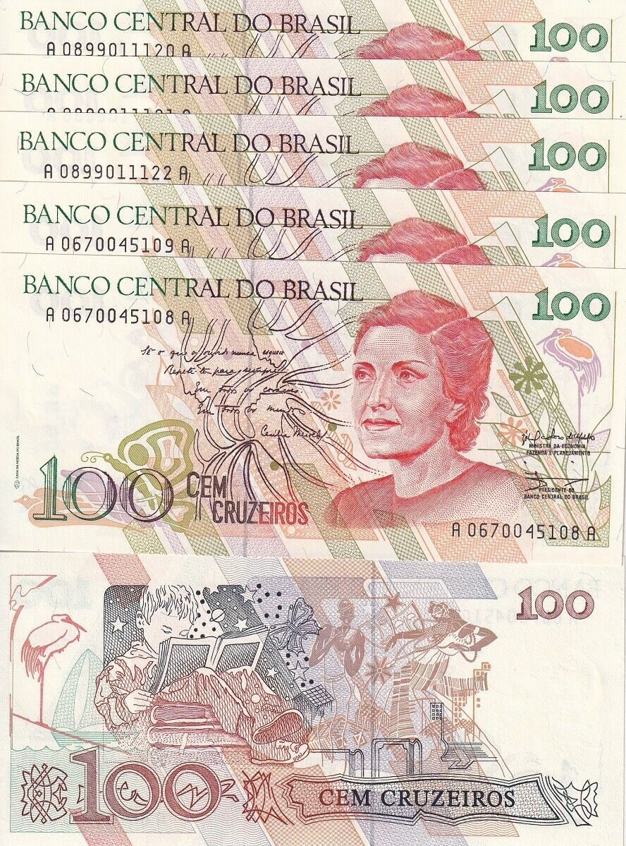Brazil 100 Cruzeiros ND 1990 P 228 UNC LOT 5 PCS