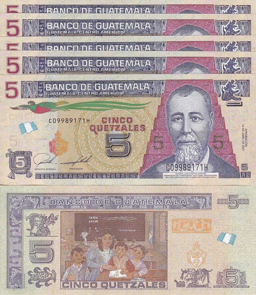 Guatemala 5 Quetzales 2021 P 122A UNC LOT 5 PCS