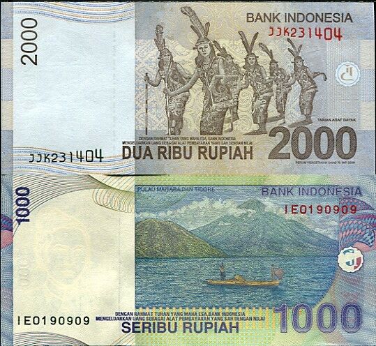 INDONESIA SET 2 PCS 1000 2000 RUPIAH 2013 ( 2000 / 2009 ) UNC