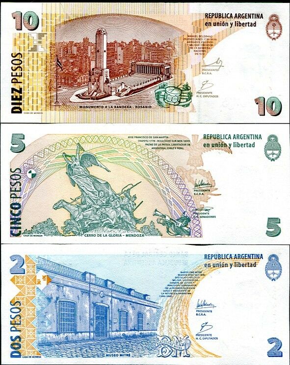 Argentina Set 3 Pcs 2 5 10 Pesos P 352 353 354 Random Series UNC