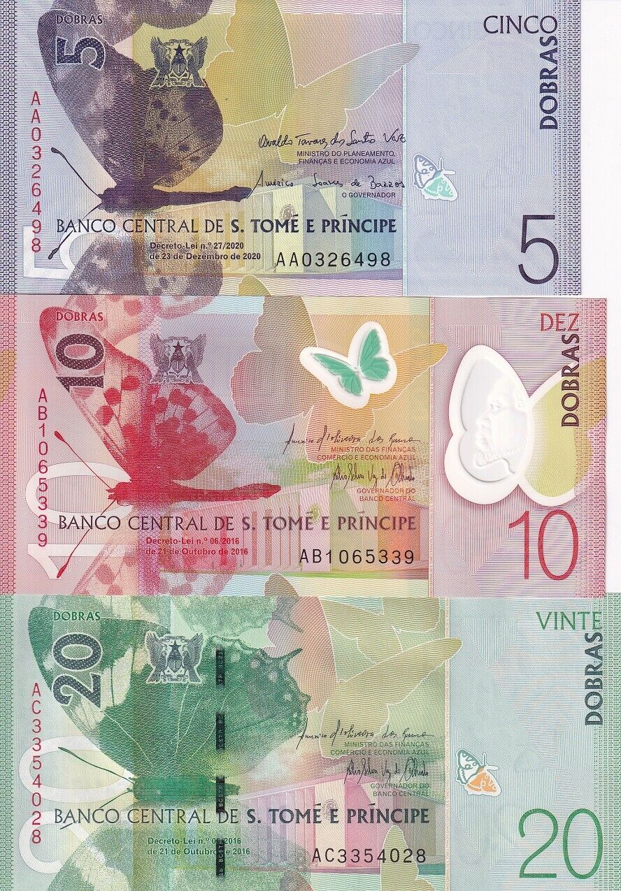 St. Thomas & Prince Set 3 UNC 5 10 20 Dobras 2016-2020 P 71 72 P 76 Sao Tome