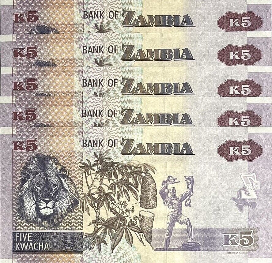 Zambia 5 Kwacha 2021 New Sing P 57 UNC LOT 5 PCS