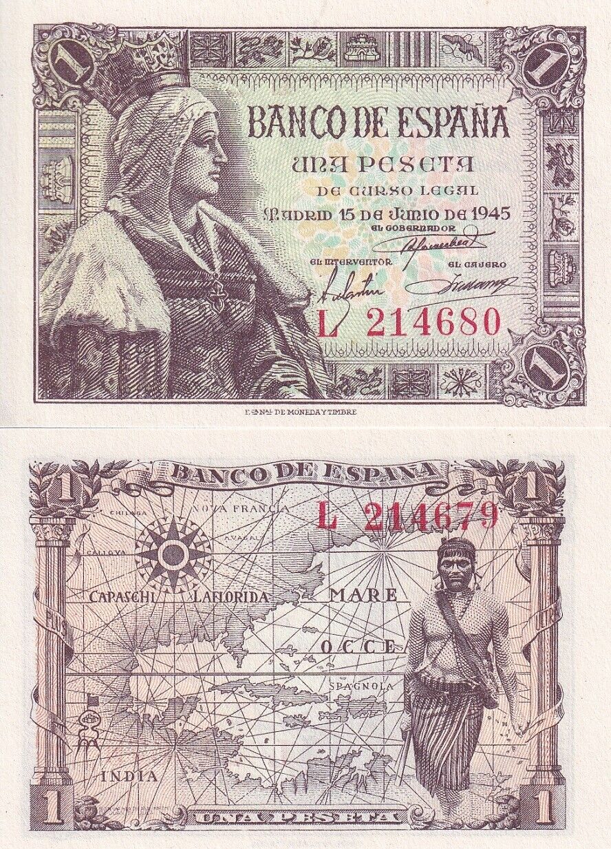 Spain 1 Peseta 1945 P 128 a UNC