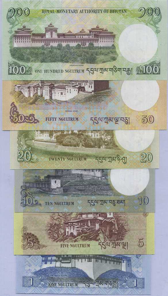 BHUTAN SET 6 PCS 1 5 10 20 50 100 NGULTRUM Random Date P 27 28 29 30 31 32 UNC