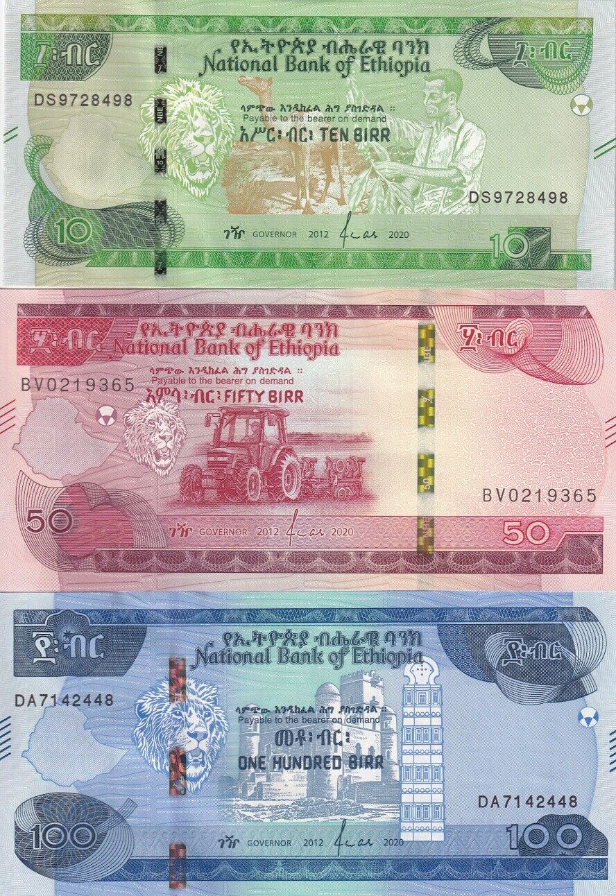Ethiopia Set 3 Pcs 10 50 100 Birr 2012/2020 P 53 54 55 UNC