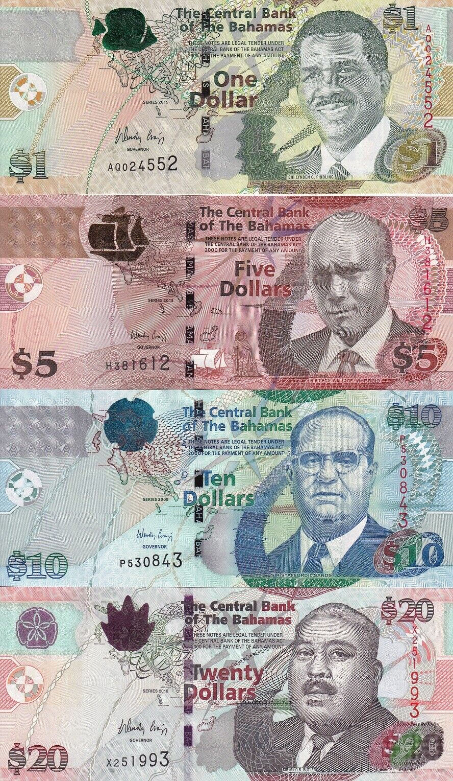Bahamas Set 4 Pcs 1 5 10 20 Dollar 2008-2015 P 71A 72A 74A 76 UNC