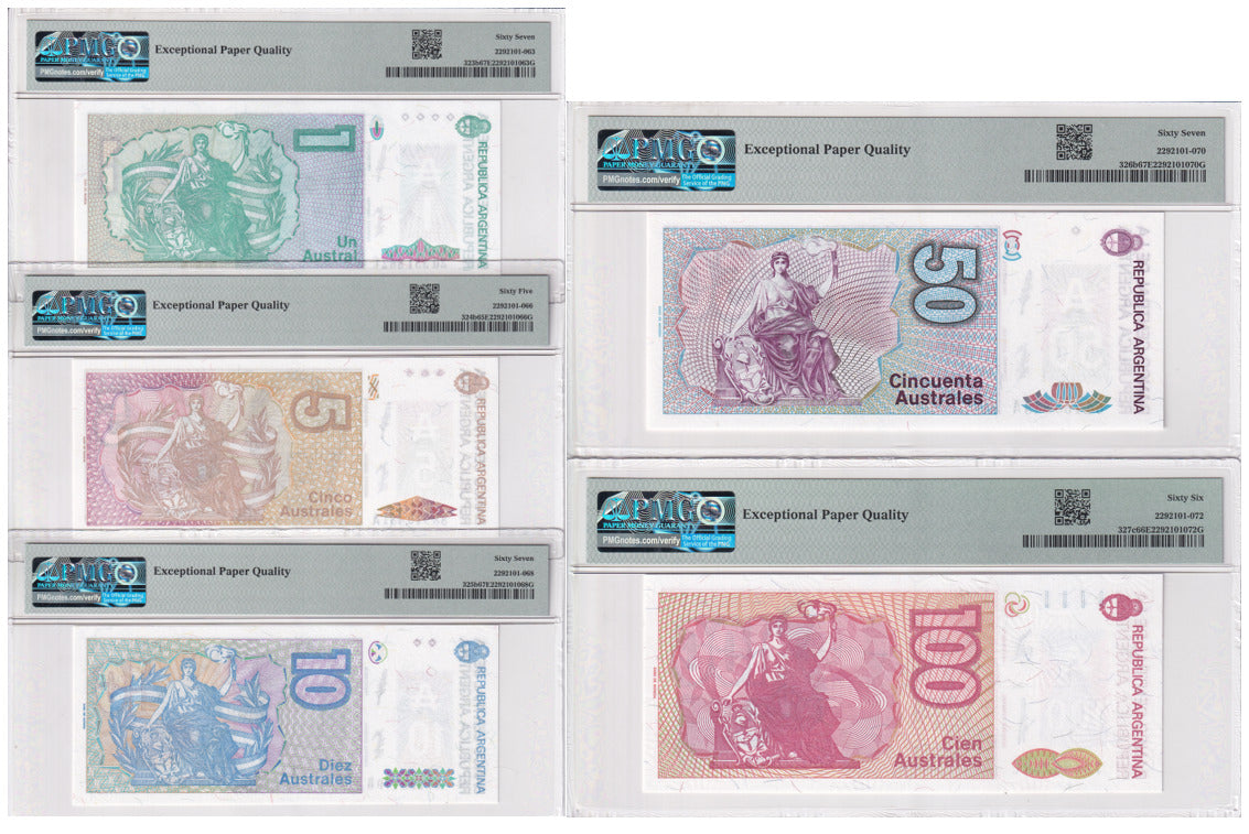 Argentina Set 5; 1-10 50 100 Aus ND 1985 P323-P327 Superb Gem UNC PMG 65-67 EPQ
