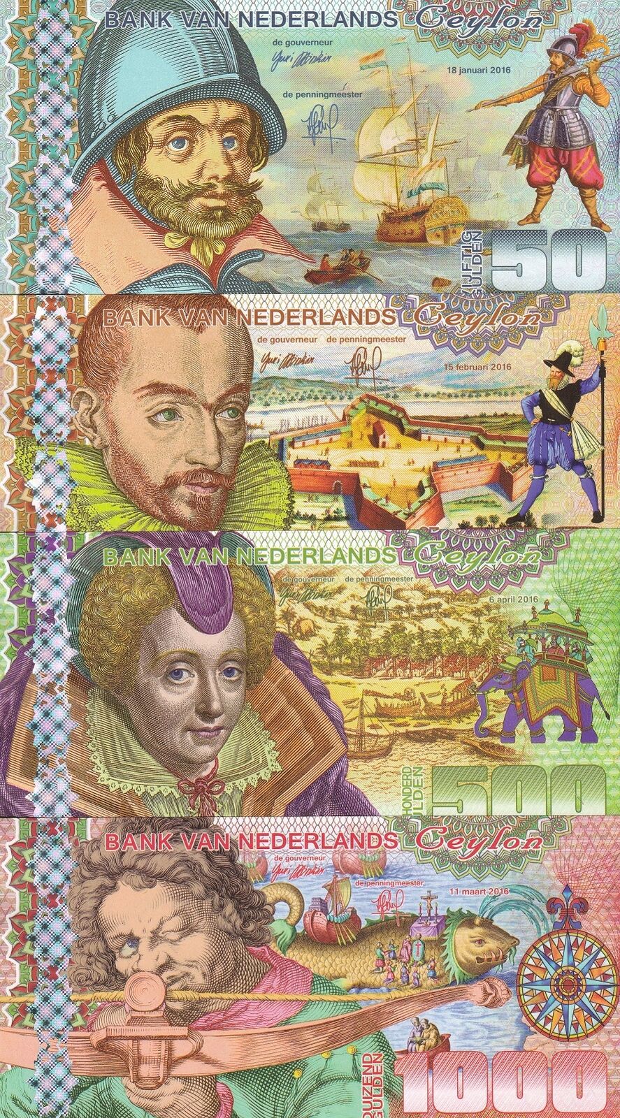 Netherlands Ceylon set 4 Polymer 50 100 500 1000 Gulden 2016 Private Fantasy