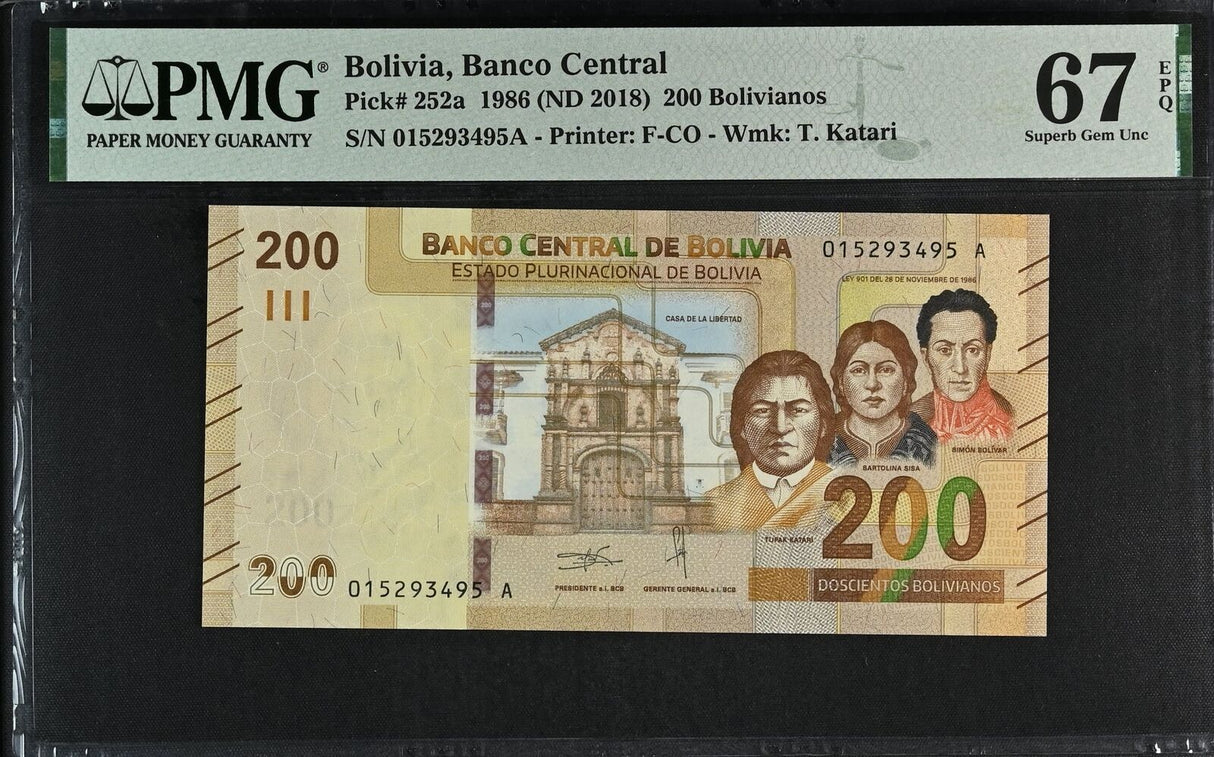 Bolivia 200 Bolivianos 1986 ND 2018 P 252 a Superb Gem UNC PMG 67 EPQ