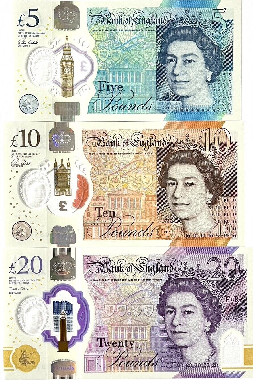 Great Britain Set 3 Pcs 5 10 20 Pound 2015-2020 P 394 395 396 Polymer UNC