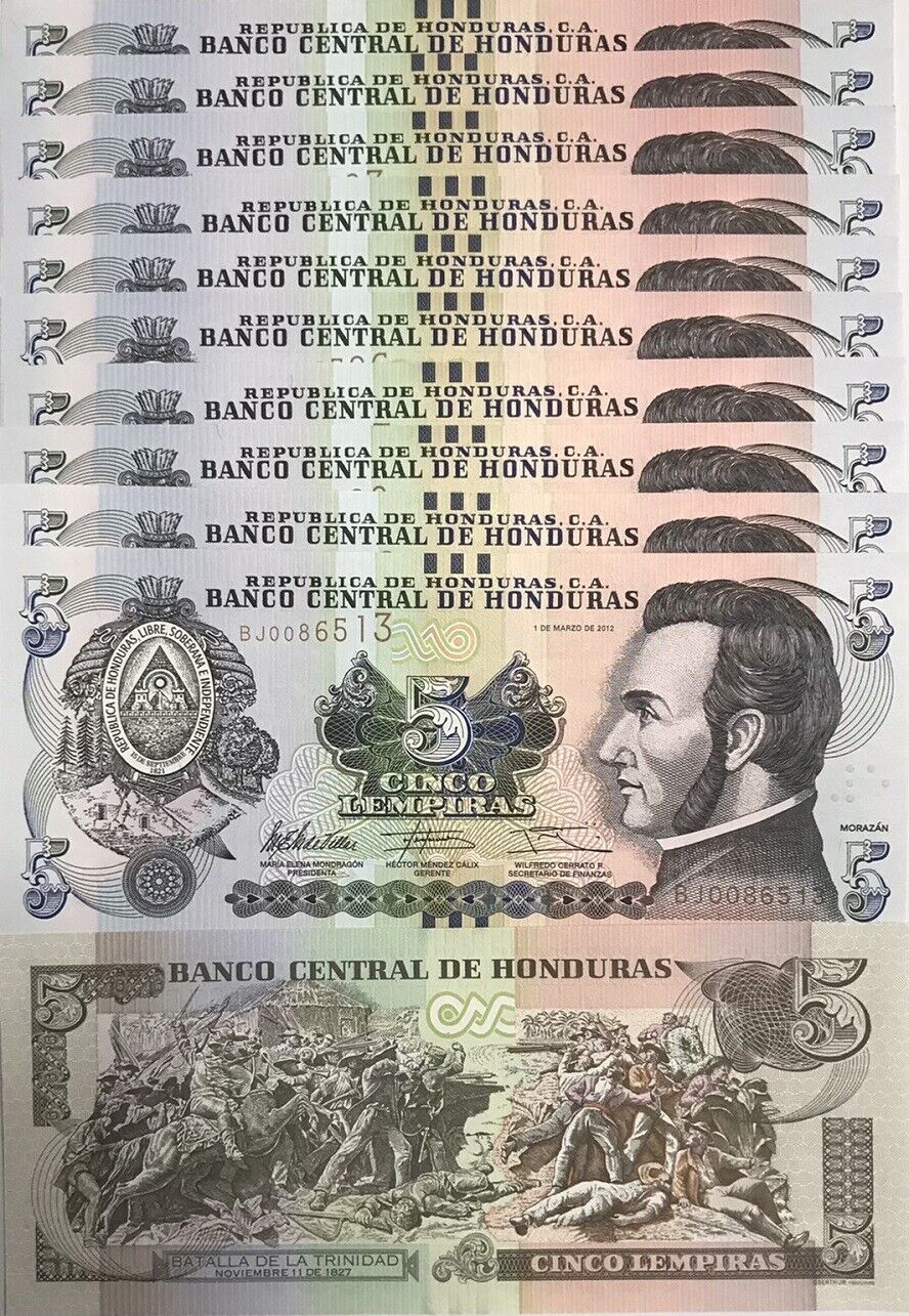 Honduras 5 Lempiras 2012 P 98 a UNC LOT 10 PCS