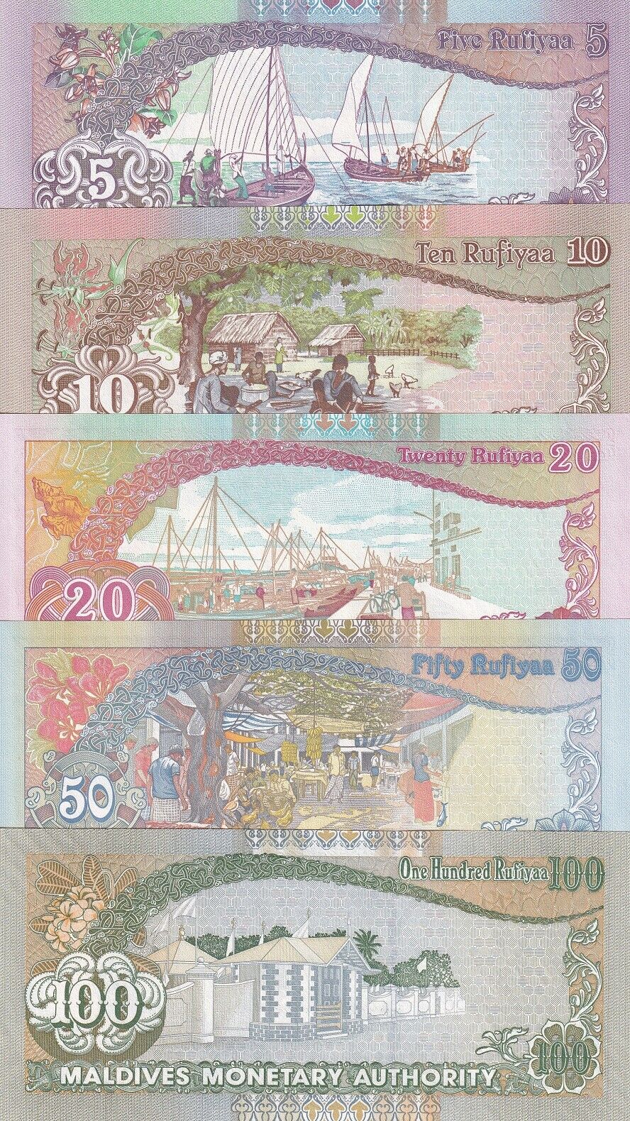 Maldives Set 5 UNC 5 10 20 50 100 Rufiyaa 2006-2013 P 18 19 20 21 22