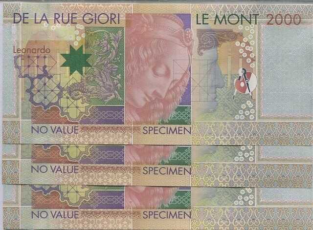Da La Rue Leonardo Davinci 2000 SPECIMEN NO S/N TEST ADVERTISING NOTE Lot 3 Pcs
