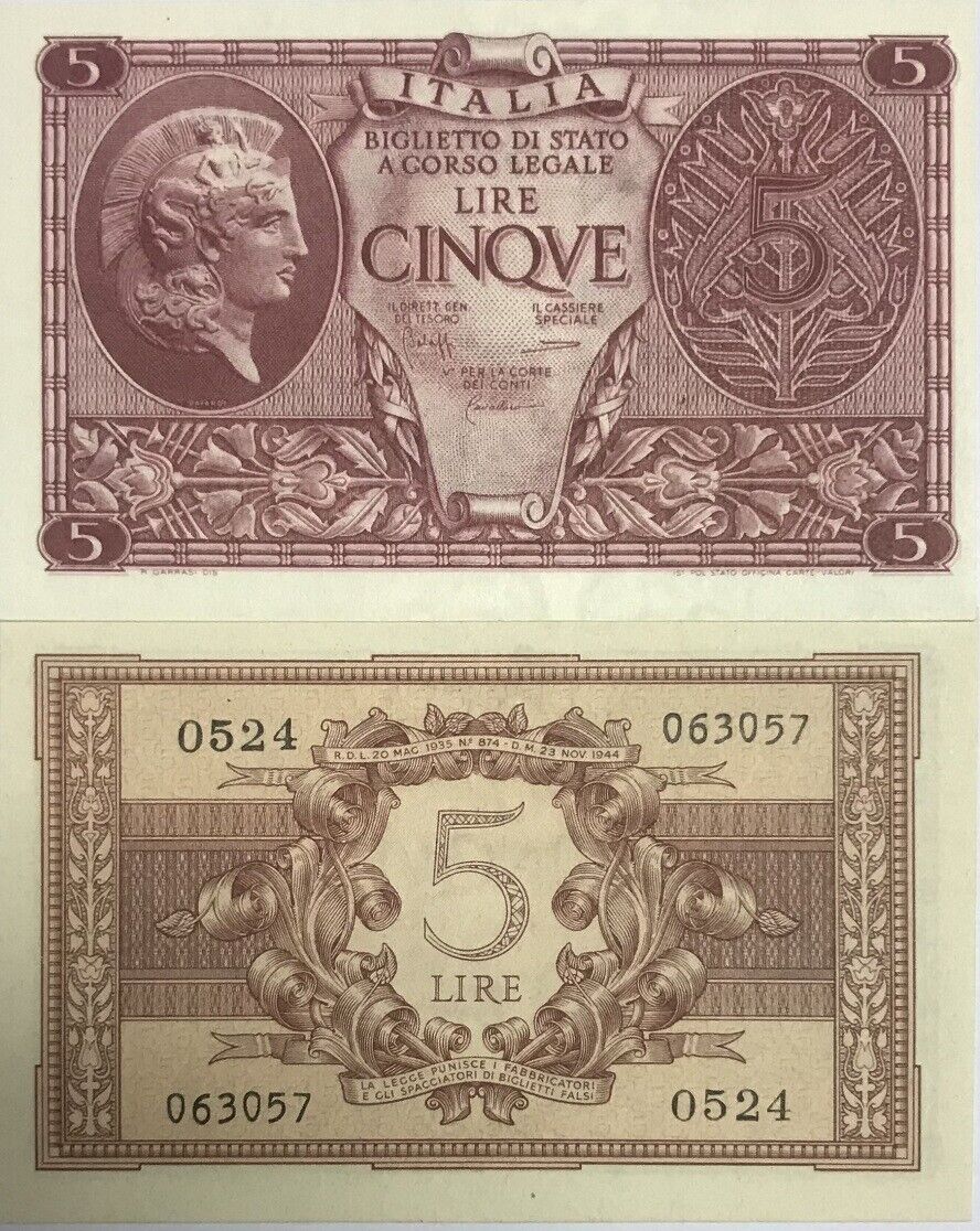 Italy 5 Lire 1944 P 31 c UNC