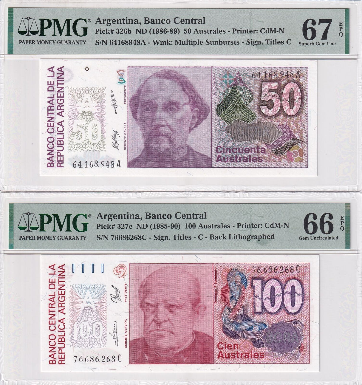 Argentina Set 5; 1-10 50 100 Aus ND 1985 P323-P327 Superb Gem UNC PMG 65-67 EPQ