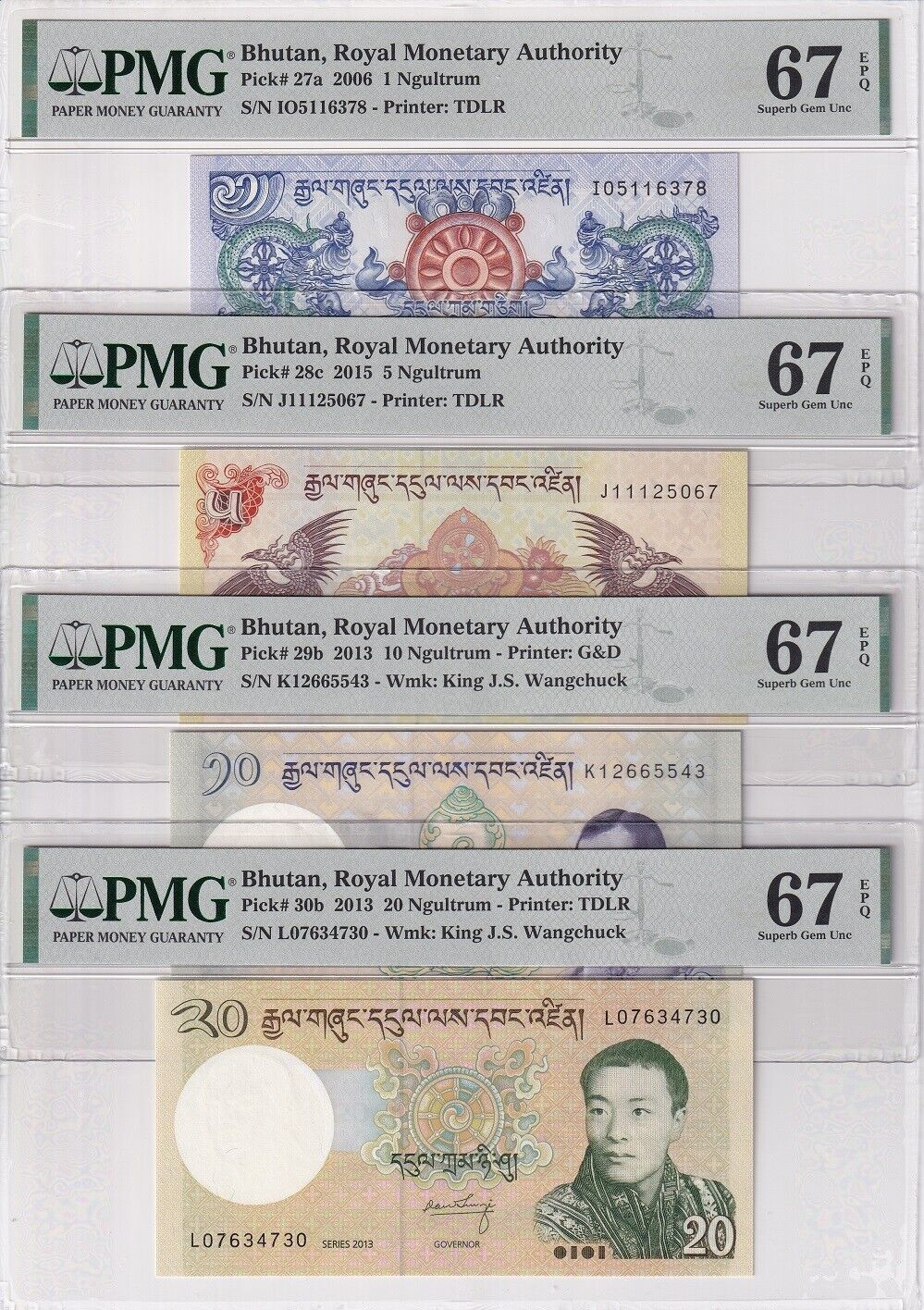 Bhutan Set 8; 1-100 500 1000 Ngultrum 2006-21 P27-P34 Superb Gem UNC PMG 67 EPQ