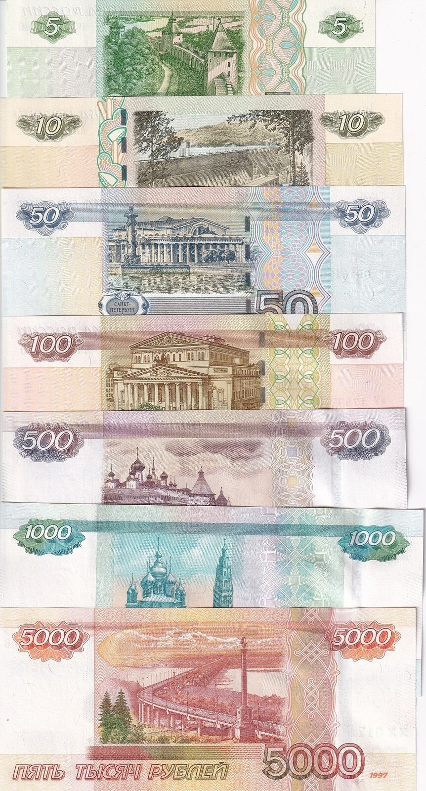 Russia Set 7 Pcs 5 10 50 100 500 1000 5000 Rubles 1997-2022 P 267 268-273 UNC