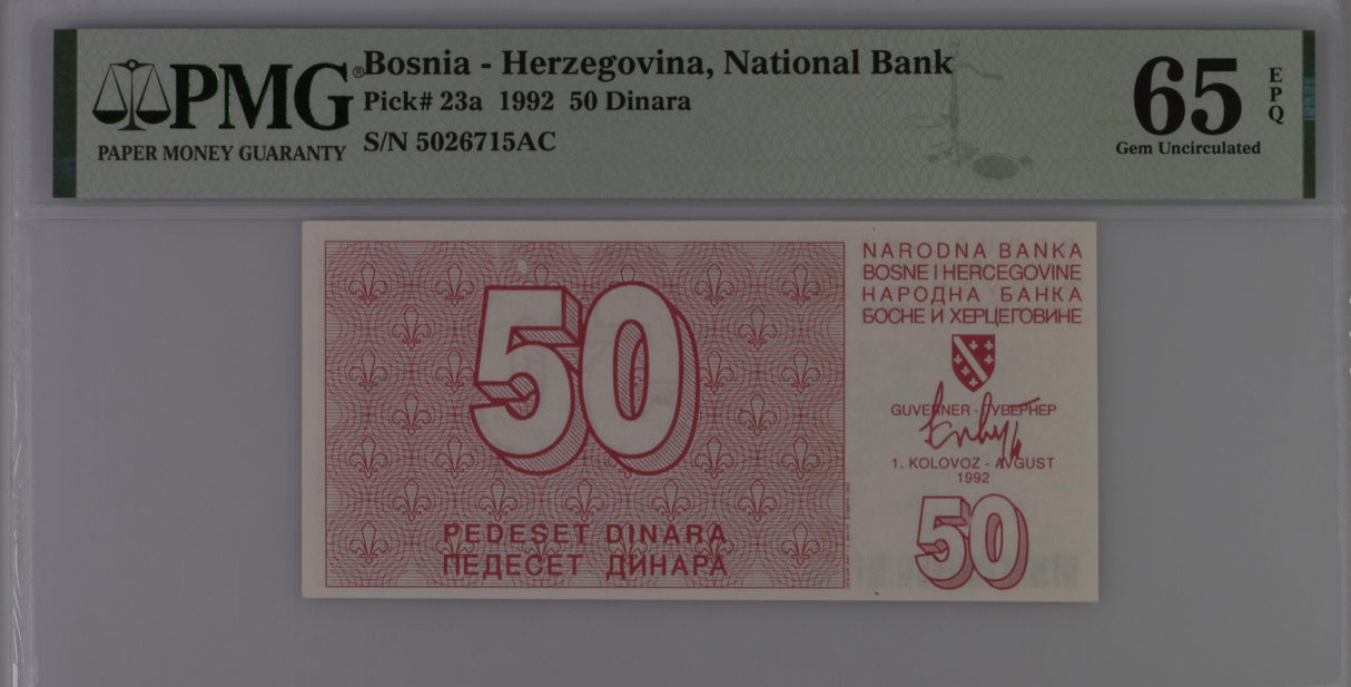 Bosnia & Herzegovina 50 Dinara 1992 P 23 a Gem UNC PMG 65 EPQ Top Pop