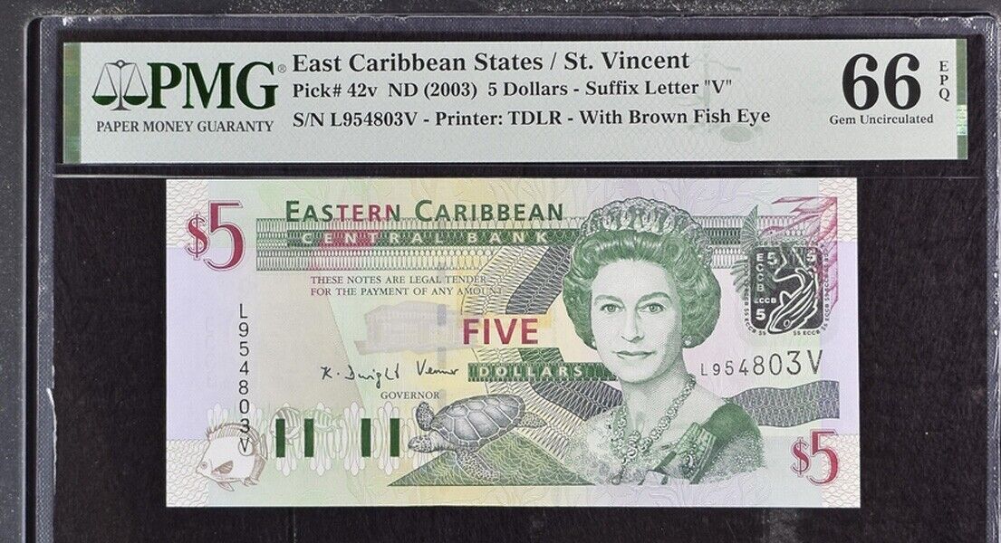 East Caribbean 5 Dollars ND 2003 P 42 v St. Vincent GEM UNC PMG 66 EPQ